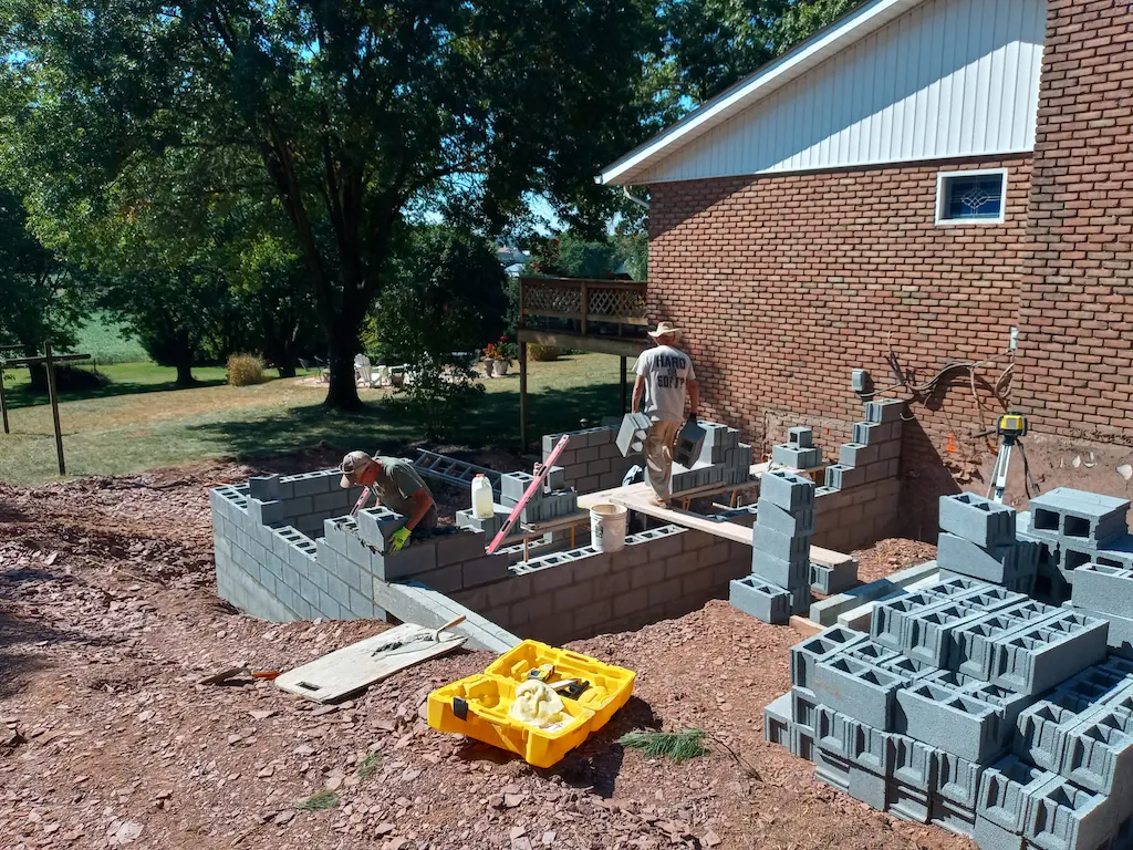 Structural concrete block (CMU) foundation for a residential home extension in Fredericksburg, PA, by Jeff Grubb Masonry