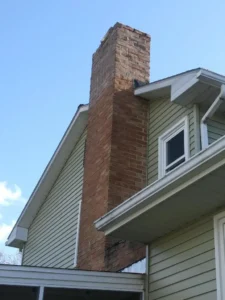 Old brick chimney in disrepair attached to a house with green siding.