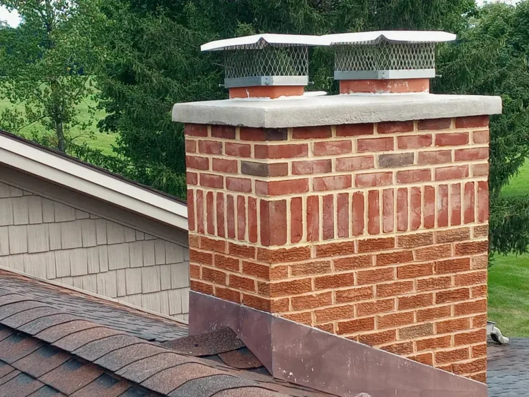 A red brick chimney with two metal chimney caps on a roof with asphalt shingles, surrounded by greenery.