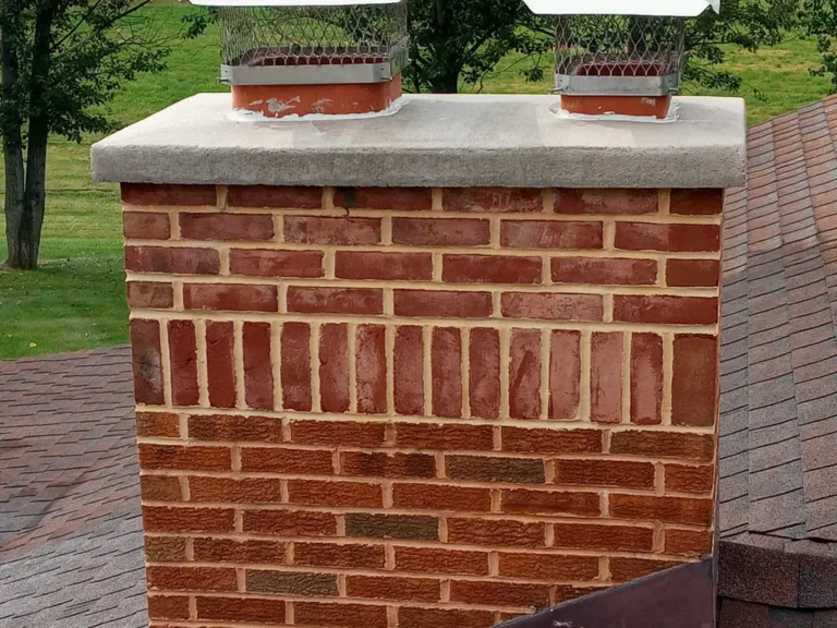 Restored Grantville chimney featuring a distinctive soldier course of original bricks along the outer face, preserving the home's historic aesthetic while ensuring structural stability.