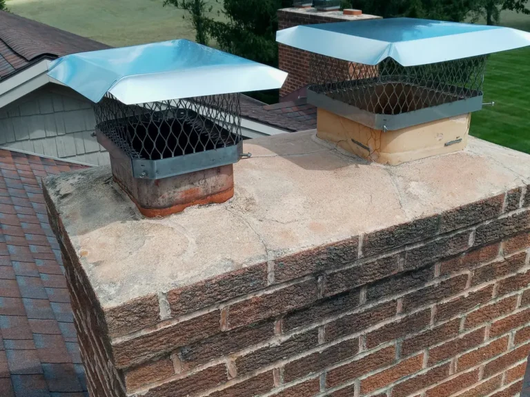 Brick chimney with metal mesh chimney caps on a shingled roof.