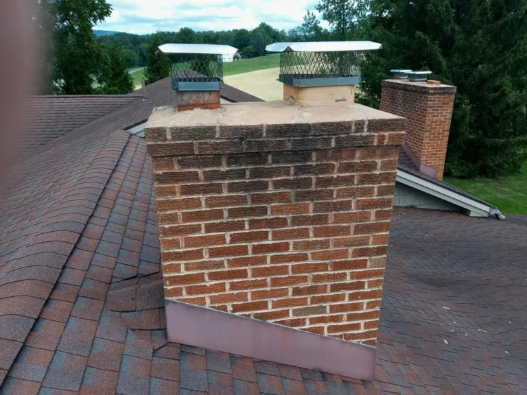 Brick chimney with mesh cap on a shingled roof.
