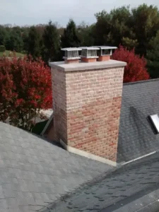 Clean brick chimney on a shingled roof with autumn foliage in the background.