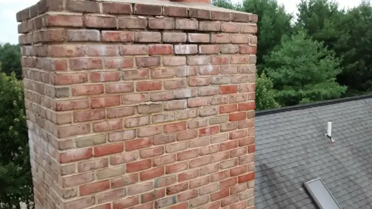 A close-up of a brick chimney against a backdrop of green trees and a sloped rooftop under a clear sky.