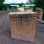 Brick chimney with mesh cap on a shingled roof.